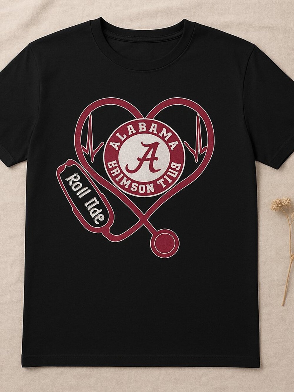 Alabama Crimson Tide Heart & Stethoscope Graphic Tee | Roll Tide Black T-Shirt